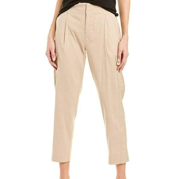 VINCE Preppy Linen Cargo Cropped Oat Beige Trouser Pant 8 NEW Capsule Beach